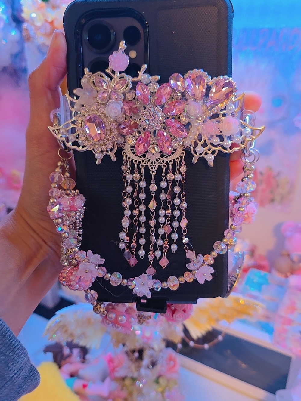 Pink Crystal Floral Phone Charm with Rhinestone Tassels